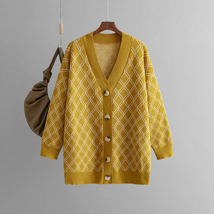 V-neck Cardigan Sweater Casual Loose Diamond Plaid Sweater Coat