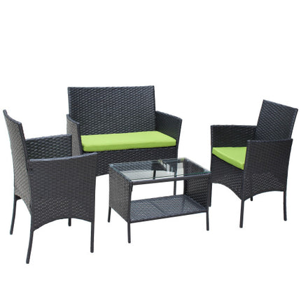 4 ST Rattan Patio Meubelstel Buite Patio Opgestopte Sitplek Rieten Bank Groen Kussing