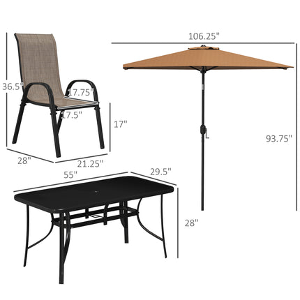 8 Stukke Patio Meubelstel met 9vt Patio Sambreel, Buite Eettafel en Stoele, Lig Gemengde Bruin