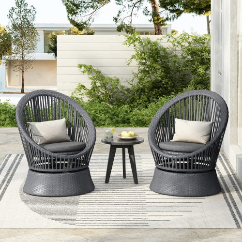 Stel Van 2 - 26.7 Moderne Grys Rietbankstoel Met Rotan- En Ysterraam, Met 'n Stylvolle Ronde Ontwerp, Ideaal Vir Sitkamer-, Patio- Of Balkonontspanning