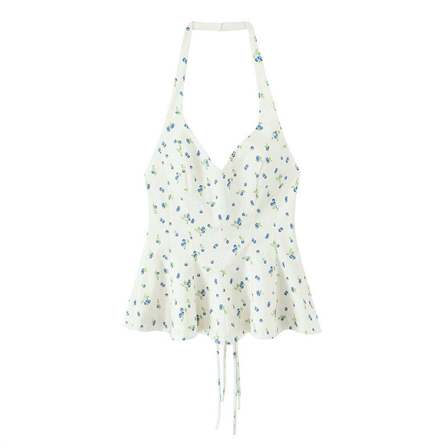 Summer New Women's Flower Print Hanging Collar Top