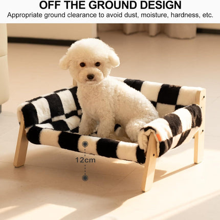 MEWOOFUN Raised Cat Bed With Wooden Legs - Sturdy Cat Sofa Holds 15kg, 56x45cm Soft Checkerboard Couch With Removable Washable Cover For Indoor Cats & Kittens