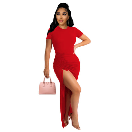 Women's Knit Pit Fabric Drawstring Short Sleeve Dress