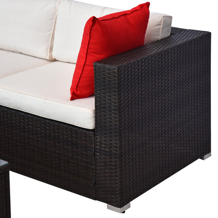 5-Stuk Patio Meubelstel met Kussings, Buitenste PE Rotting Wicker Bankstel, Seksionele Meubels met Kille, Glas Koffietafel vir Tuin, Agterplaas, Bruin/Roomwit