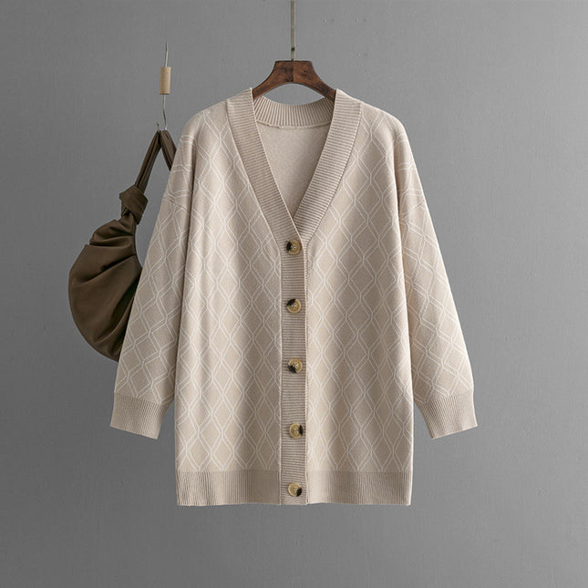 V-neck Cardigan Sweater Casual Loose Diamond Plaid Sweater Coat