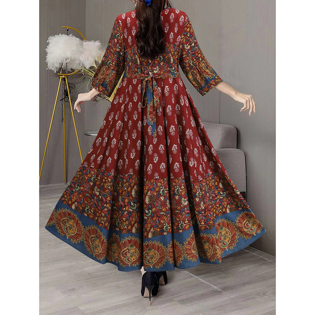 Women's Bohemian 3 4 Sleeve Floral Swing Dress Ethnic Embroidery Notched Neck Big Swing Dress