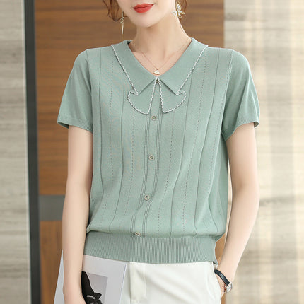 Doll Collar Carven Design Breasted Short-sleeved Sweater Top