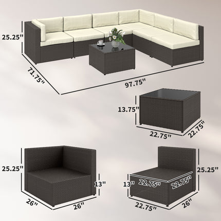 7 Stuk Patio Meubelstel, Alleweer PE Rattan Buitemeubel Gesprekstelle met Glasplaat Koffietafel