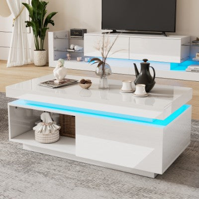 Hoëglans LED-koffietafel met laaistoorplek, Hout middeltafel met RGB LED-ligte Reghoekige teetafel vir sitkamermeubels, Wit koffietafel met oop uitstalrak