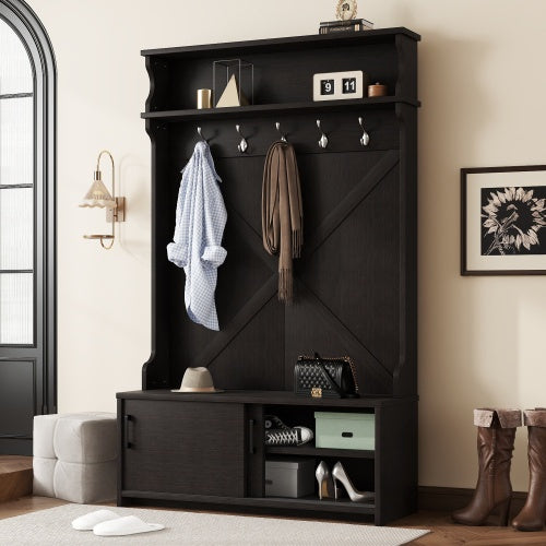 Hall Tree With Top Shelf And Storage Bench, Hallway Shoe Cabinet With Sliding Doors, Coat Rack With 5 Hanging Hooks For Entryways Hallways