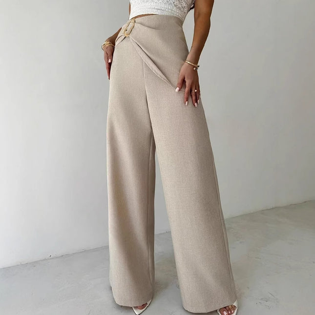 High Waist Beige Metal Buckle Wide Leg Pants