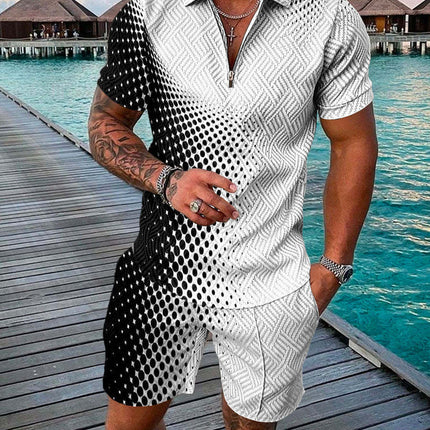 Men's Summer Fashion 3D Printed Short Sleeve Geometric Zip Lapel Shirt Set