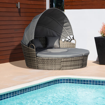 Outdoor PE Rattan Garden Furniture With Cushioned, Patio Wicker Conversation Furniture Set, Round Daybed With Retractable Canopy, Coffee Table And Three Pillows, Dark GreyGrey