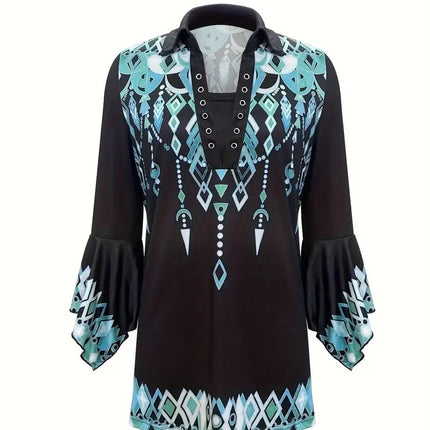 Spring Autumn New Printed Lapel Green Three-Quarter Sleeve T-Shirt Irregular Cuff Stud Button Top