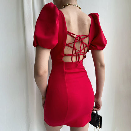 European And American Square Neck Puff Sleeve Waist Bag Hip Dress