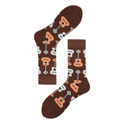 Men's Mid-calf Colorful Cubic Guitar Cat Face Cotton Socks