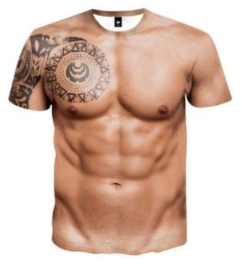 Muscle Tattoo Print 3D T-Shirt Round Neck Funy Sexy Clothing For Men