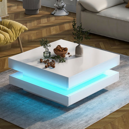 Wit Vierkant Hoogglans Koffietafel Met 360 Grade Draaiende Bo-oppervlak, Teetafel Met 16-Kleur LED-lig, 70x70x36 Cm