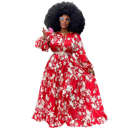 Spring And Autumn Print Big Swing Skirt Plus Size Dress
