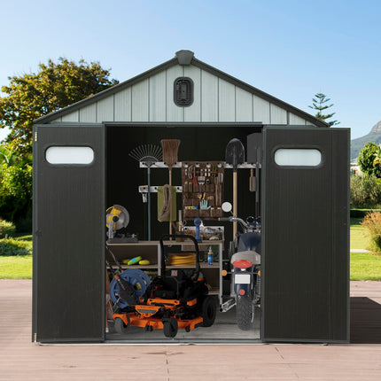 8x6VT Harpuis Buite Stoorhuis Met Sluitbare Deur, Waterdigte Buite Stoorhuise Met Vensters & Ventilasie, Swaar-Diens Plastiek Gereedskap Stoorhuis Vir Patio Meubels, Grassnyer, Fiets