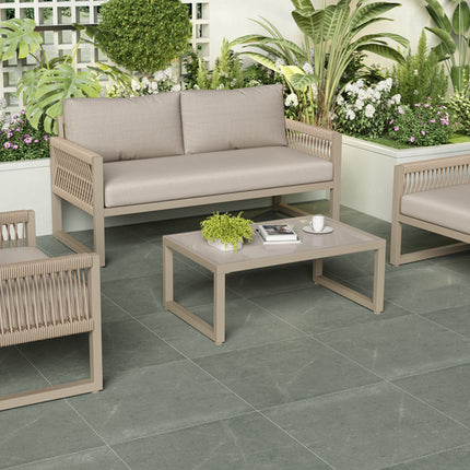 Outdoor Patio&Backyard Furniture Garden Lounge Set For 4 People, Thick Quality Space Saving Sofa With Glass Coffee Table, Khaki