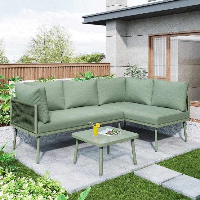 Buitenstoepe & Agterplaasmeubels Tuinrusbankstel Vir 4-5 Mense, Dik Kwaliteit Ruimtebesparende L-vormige Hoekbank Met Glas Koffietafel, Groen