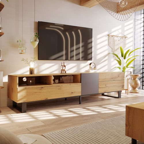 Moderne Kleur TV Kabinet, TV Staanplek Met Houtgraan Afwerking 180cm.