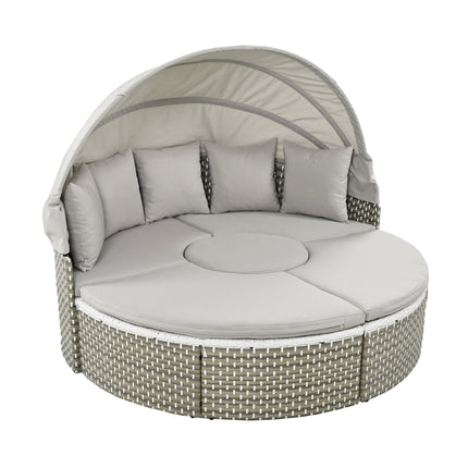 TOPMAX Patio Meubels Ronde Buitelug Seksionele Sofa Stel Rattan Dagbed Tweekleurige Weef Sonbed Met Intrekbare Afdak, Aparte Sitplekke En Verwyderbare Kussing, Grys
