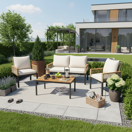 Garden Lounge Set, Garden Furniture Set With Comfortable Cushions, Double Sofa, 2 Armchairs And Table, Outdoor, Rattan, Table And Chairs, Beige