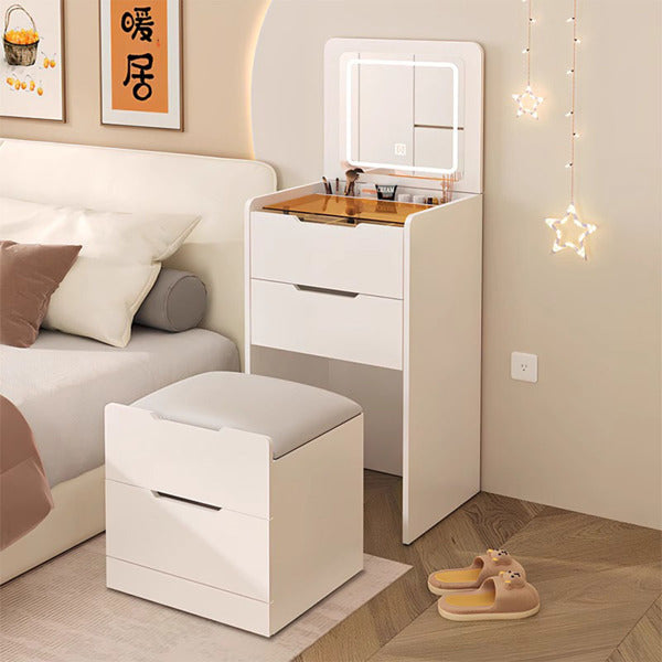 3-in-1 Kaptafel met Opvoubare Spieel en Lig, Klein Grimeringstafelstel met Kykglas-tafelblad, 3 Laaie, Bergingsbankie, 3-Kleur Verligte Spieel, Slaapkamer Kaptafel vir Klein Ruimtes