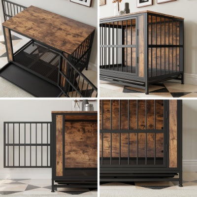 Dog Crate Furniture, Wooden Dog Crate Table, 38.9 Dog Kennel With 2 Sliding Doors And Thick Iron Door Frame, Decorative Pet Crate House For Large Medium Small Dog Indoor Use  Rustic Brown