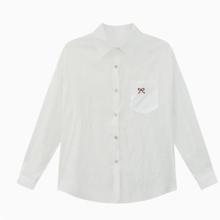 Blue Bow Embroidered Shirt Jacket Thin Top For Women