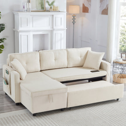 L-vormige Uittrekbare Slaapbank, Moderne Omkeerbare Slaapbank, 3-in-1 Omskakelbare Slaapbank met Bêre Chaise, Opvoubare Tafel, Bekerhouers en Laaipoorte