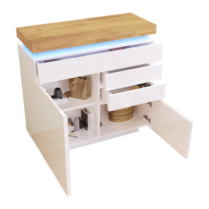 Chest Of Drawers,High-gloss Sideboard Cabinet With 2 Doors And 3 Drawers,Storage With RGB LED App-controlled,Multi-purpose Cabinet For Living Room And Bedroom, 115 X 110 X 39 Cm, White