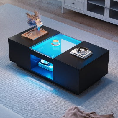 LED-koffietafel vir sitkamer, moderne koffietafel met stoorplek met LED-ligte, 2 vlakke en 2 laaie, groot sitkamer-middeltafels swart