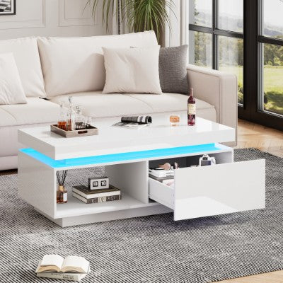 Hoëglans LED-koffietafel met laaistoorplek, Hout middeltafel met RGB LED-ligte Reghoekige teetafel vir sitkamermeubels, Wit koffietafel met oop uitstalrak