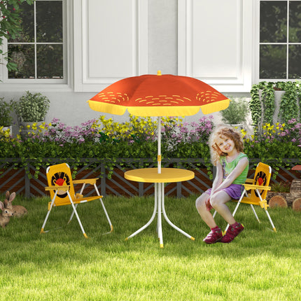 Kinderspiekniektafel en -stoelstel, Leeu-tema Buitenste Tuinmeubels Met Opvoubare Stoele, Verstelbare Sambreel - Geel