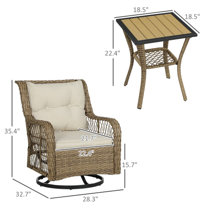 3-stuk Buiten Bistro Stel, Rieten Klein Patio Meubelstel Met Draaiende Glystoele Vir Balkon, Stoep, Beige