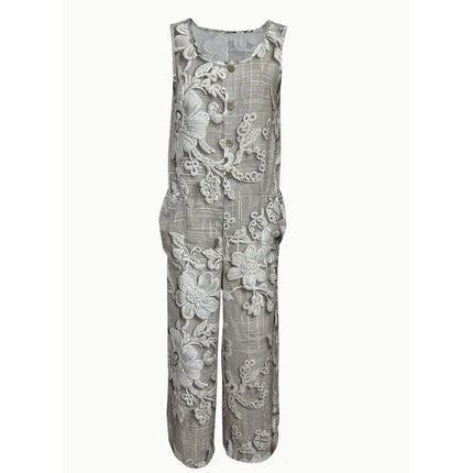 Women's Vintage Floral Jumpsuit - Sleeveless Button Front Romper With Pockets, Casual Loose Fit Long Pants Jumper