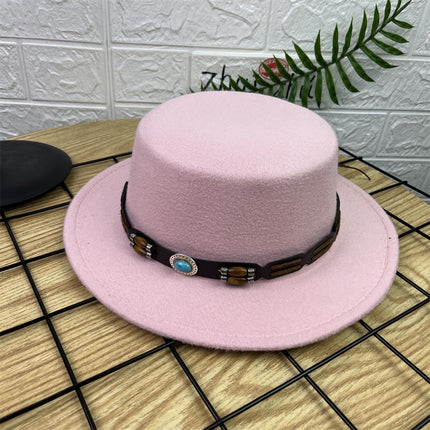 British Retro Woolen Wide Brim Flat Top Hat