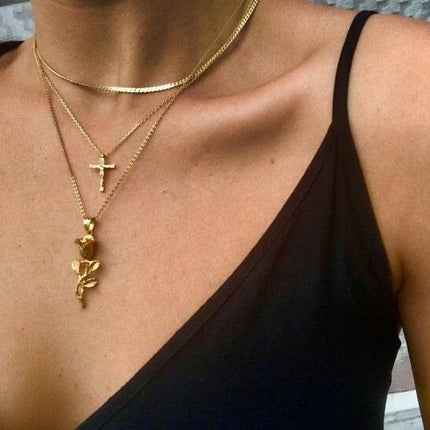 Ladies rose flower cross pendant necklace