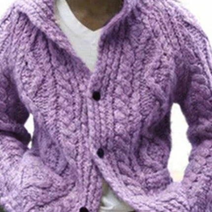 Men's Woolen Sweater Down Lapel Tweed Ribbed Solid Button Knit Coat