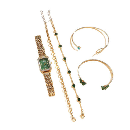 Wilde Smaragreën Vierkantige Staalhorlosie Vlinderarmband 5stk Stel Geskenkstel