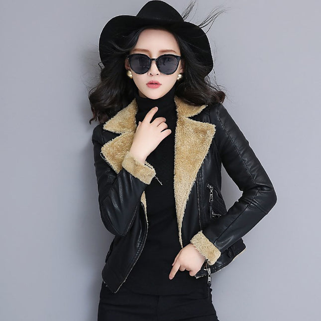 Women's leather leather jacket short fur coat plus velvet thick sheepskin jacket