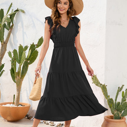 Long Casual Holiday V-neck High Waist Cake Dress