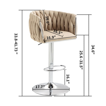 360-grade Draaibare Kroegstoele Met Stofbekleedsel, Stel Van 2, Verstelbare Kroegstoele Met Gevlegde Rugleuning En Voetstut, Silwer Verchroomde Kroegstoele Vir Kombuiseiland, Kafee, Kroeg