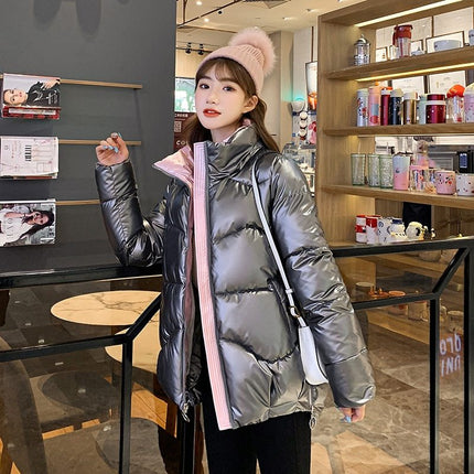 Women's bright leather jacket short down cotton jacket