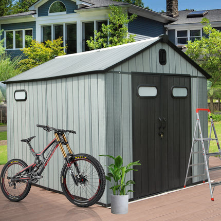 8X10FT Buiteharsbergingskuur, Waterdigte Plastiektuinwerktuigskuur Met Toesluitbare Deur, Vensters & Ventilasies, Buitegereedskapskuurtjie Vir Patiomeubels, Grassnyer, Fiets
