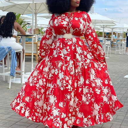 Spring And Autumn Print Big Swing Skirt Plus Size Dress