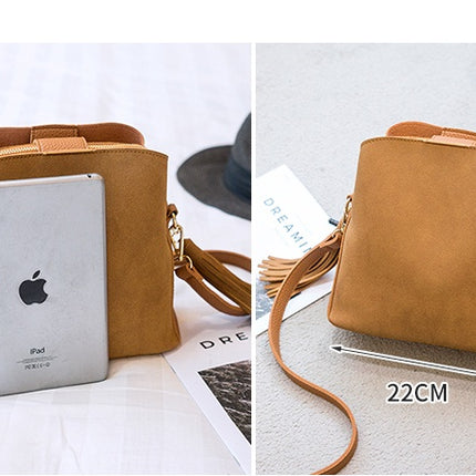 Spring new frosted tassel bucket bag Korean version of the wild shoulder bag female handkerchief retro Messenger
